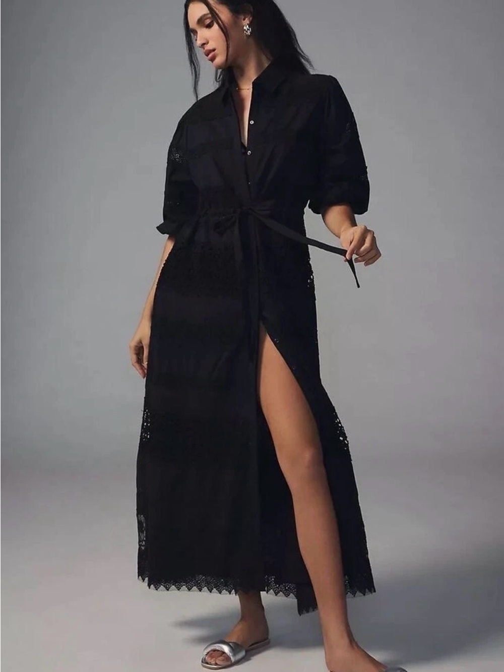 Anthropologie forever that girl Black Lace-Trim button Maxi Dress with Tie Waist
